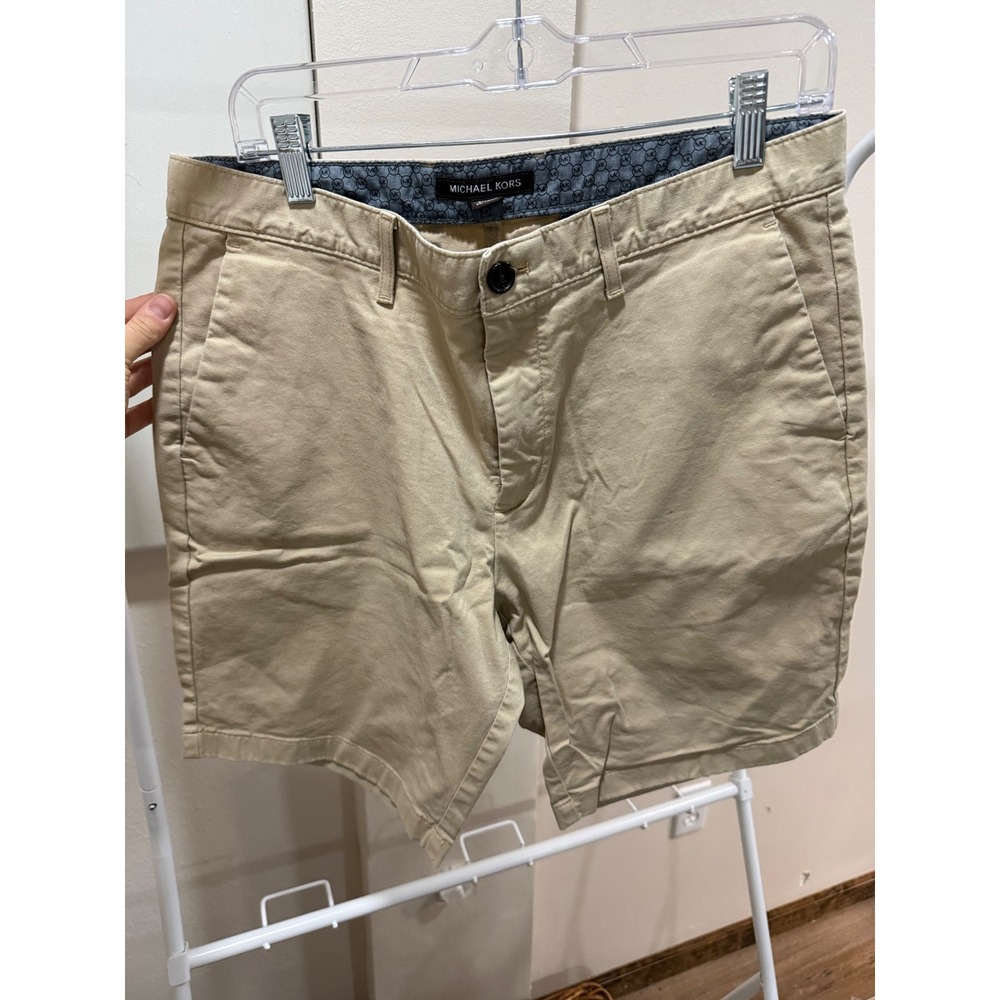 Michael Kors Mens Khaki Chino Shorts Beige Size 33 Flat Front Cotton Twill MK